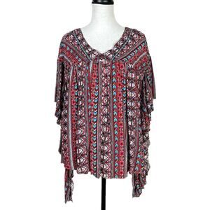 Ivy Jane S/M Red & Blue Aztec Print Oversized Pullover Boho Kimono Top